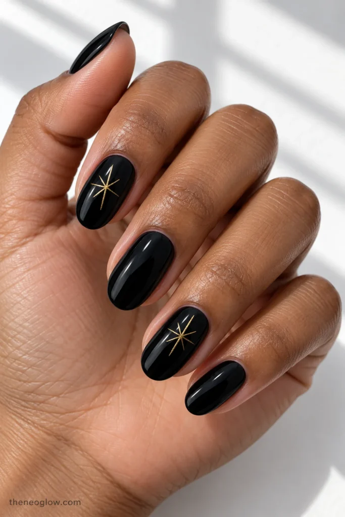 Short glossy black oval nails with Medium glossy black oval nails with small off-center six-ray gold starbursts on the index and ring fingers.