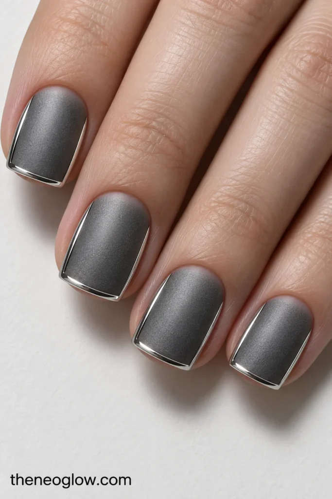 Short matte graphite-silver square nails outlined along the sides and tips with thin glossy silver lines.