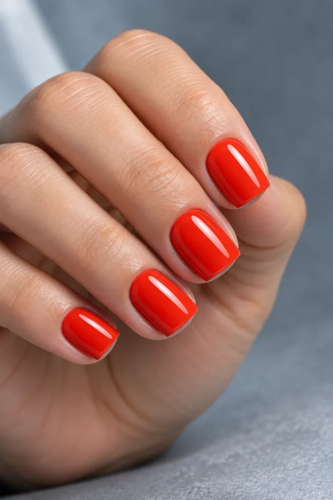 Extra-short square acrylic nails painted solid glossy vermilion red with flat, tidy tips.
