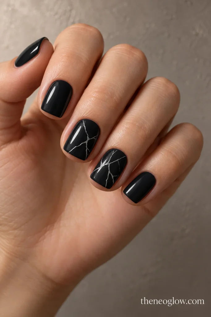 Short graphite-black square nails with fine silver cracked-ice accents.