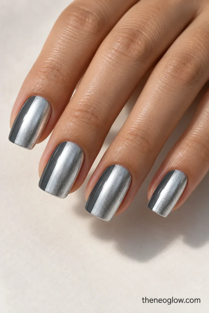 Bright silver medium squoval nails with a narrow dark graphite band along the left side of each nail.