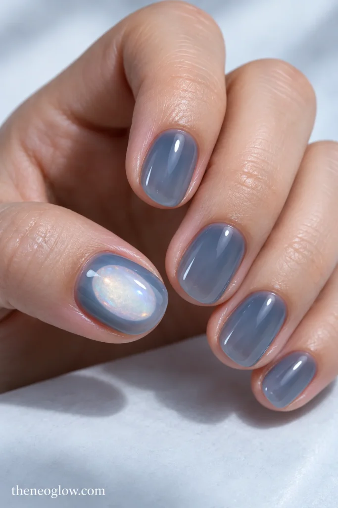 Short translucent gray-blue oval nails with a flat opalescent oval spotlight centered on the thumbnail.
