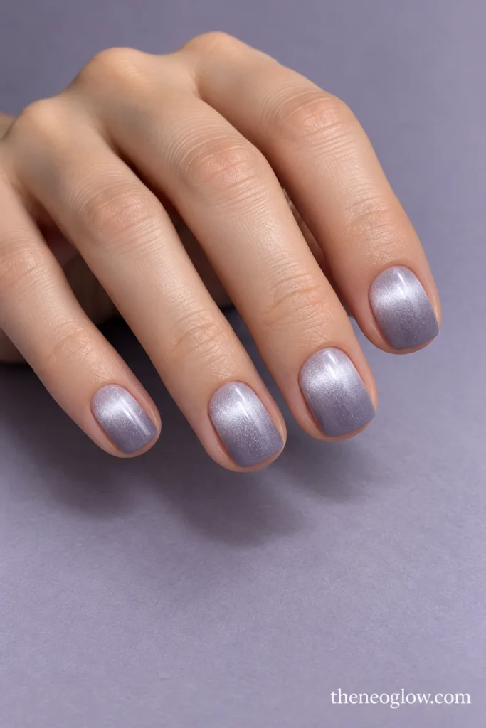 Short gray-lilac squoval nails with a broad soft horizontal magnetic glow near the cuticles.