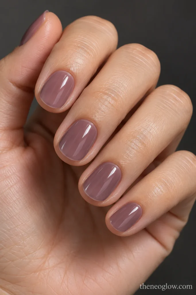 Ultra-short round nails covered in translucent gray-mauve jelly polish.