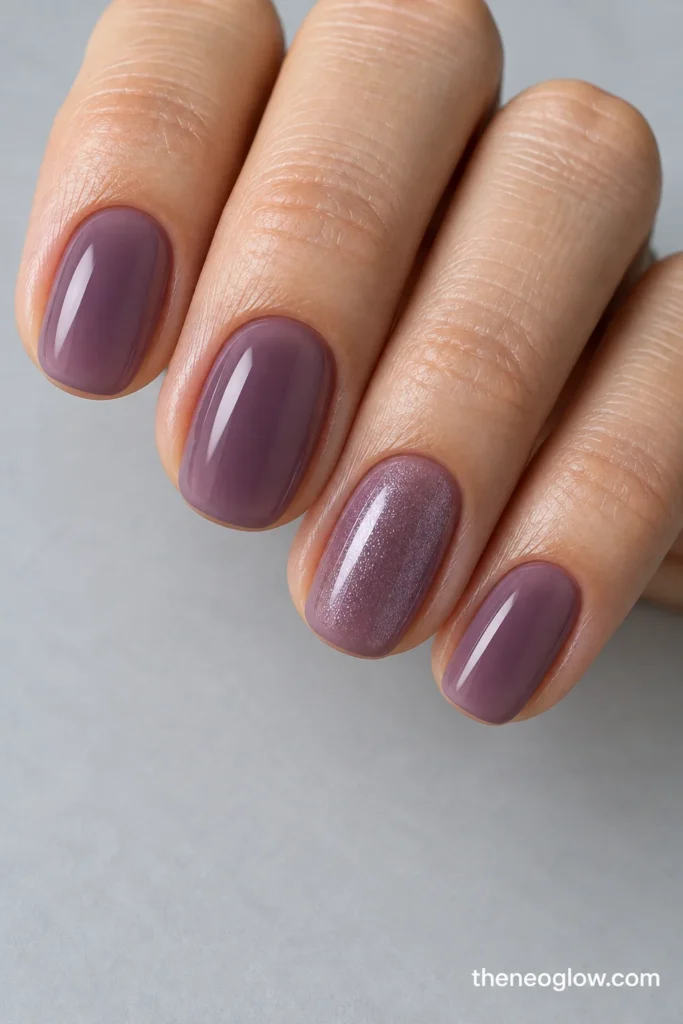 Short oval translucent gray-plum nails with subtle silver-lilac shimmer on the ring fingernail.