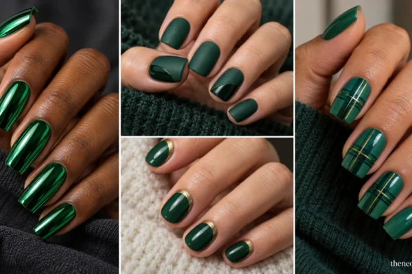 Four green Christmas manicures featuring emerald mirror chrome, pine satin nail art, gold cuticle crescents, and jade plaid.