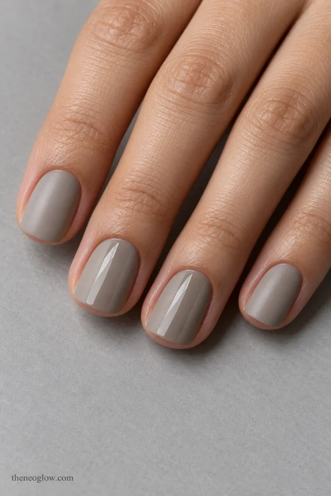 Short greige squoval nails with a satin finish and broad matching glossy center panels on the middle and ring fingers.