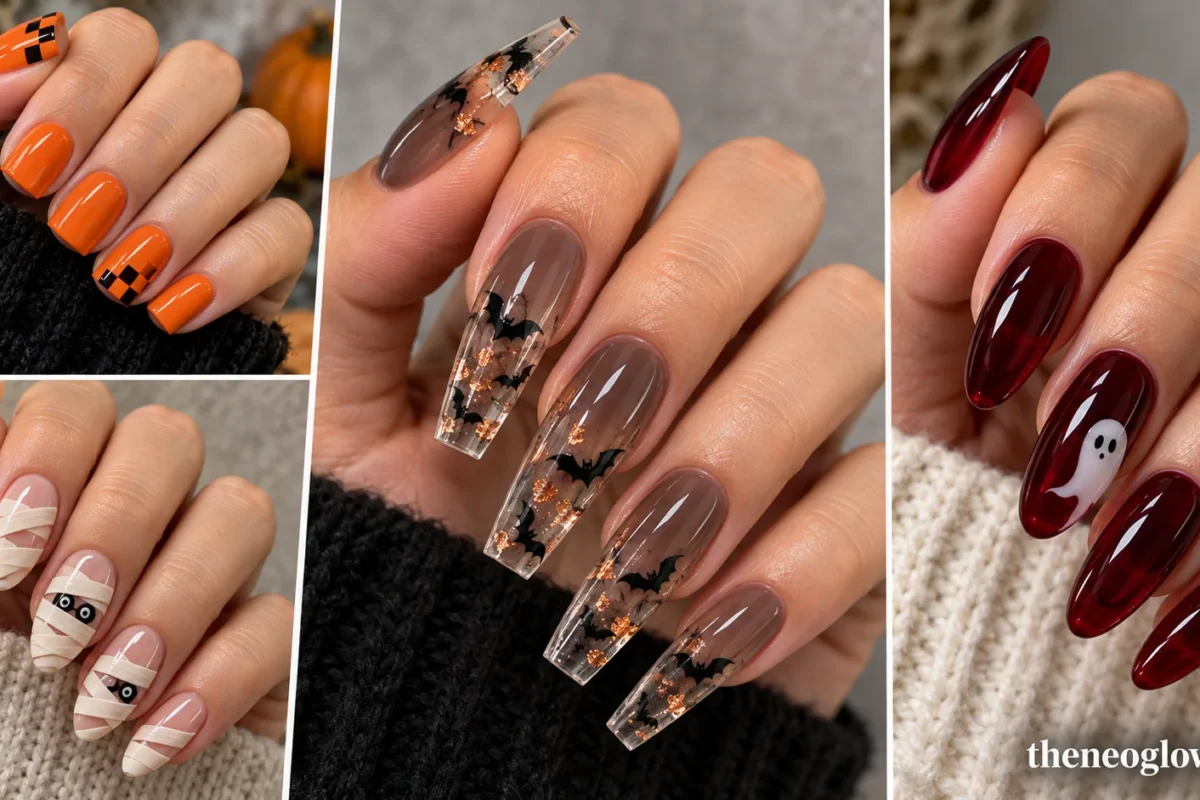 Editorial collage of short orange checker acrylics, pink mummy almonds, clear copper bat coffin tips and black-cherry ghost nails.