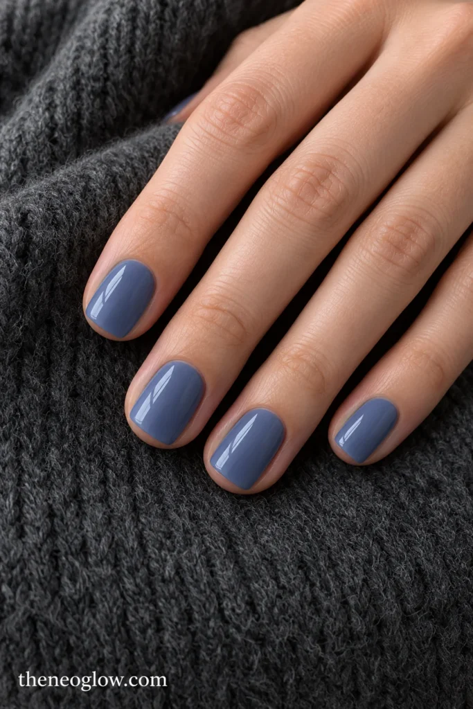 Short squoval nails painted opaque heather blue with a muted violet-gray undertone and glossy finish.
