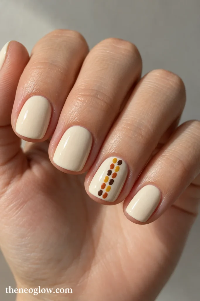Short cream squoval nails with a double row of miniature mustard, terracotta and brown dots.