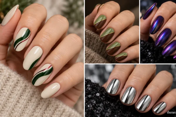 Four-panel collage of green-and-brown split nails, ivory pine waves, iridescent aubergine nails, and silver chrome nails.