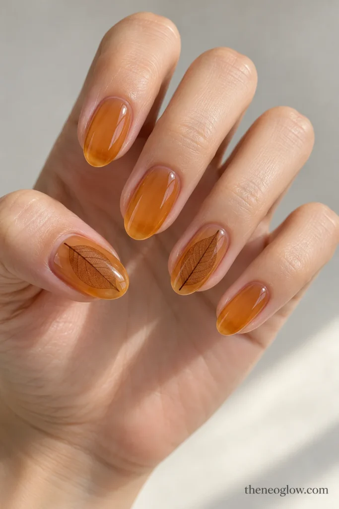 Translucent honey-amber oval nails with brown skeletal leaf accents on the thumb and ring finger.