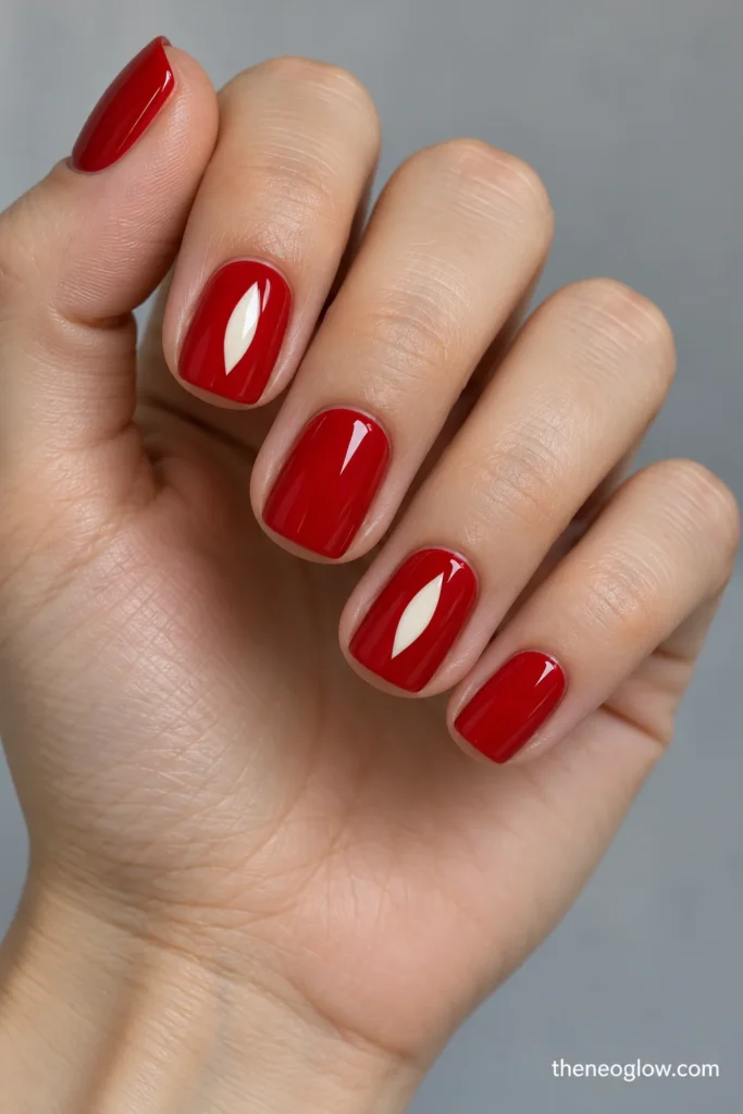 Short glossy cardinal-red nails with narrow ivory windows on the index and ring fingers.