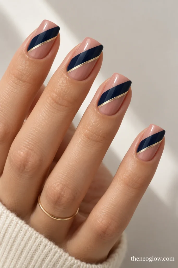 Rosy-beige soft-square nails with diagonal navy sashes and fine champagne borders.