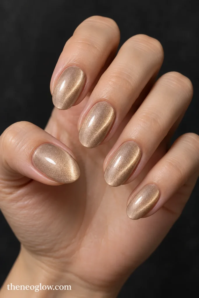 Champagne magnetic oval nails with off-center reflective halos along the right side