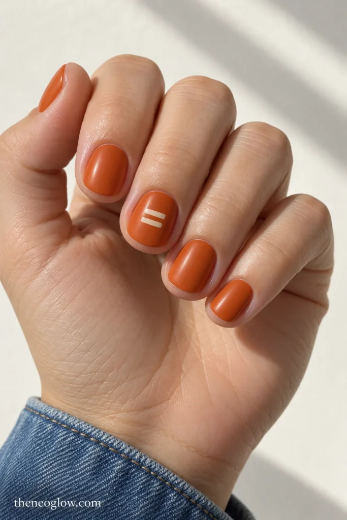 Very short satin cider-orange nails with paired ivory bars on the middle fingernail.