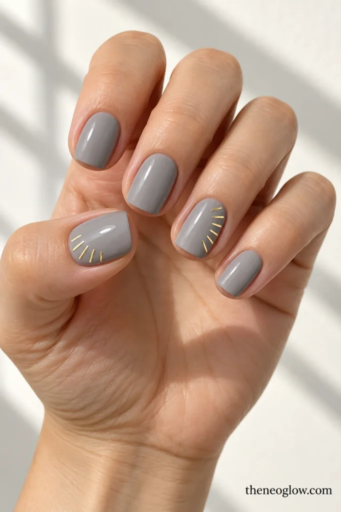 Glossy dove-gray squoval nails with five fine golden clock-tick marks along thumb and ring-finger edges. holiday nails