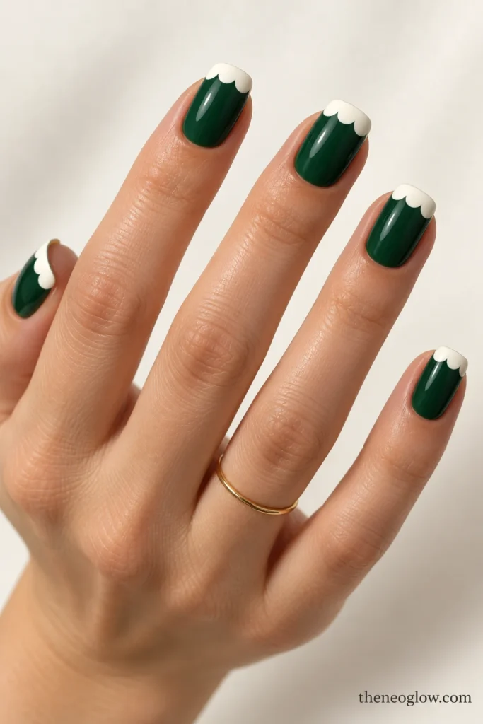 Deep evergreen rounded-square nails with three broad ivory scallops across each tip.