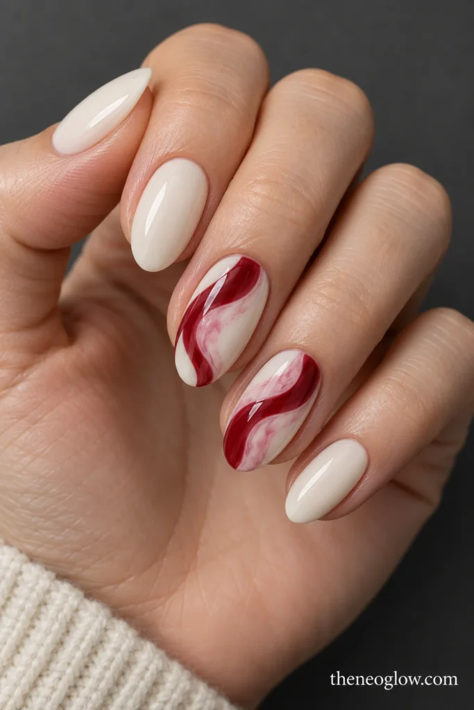Soft ivory almond nails with broad cranberry ribbon marbling on two accent fingers.