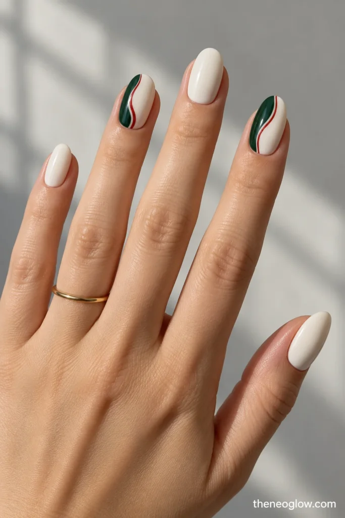Ivory oval nails with asymmetric pine-green waves and a fine red echo line on one accent.