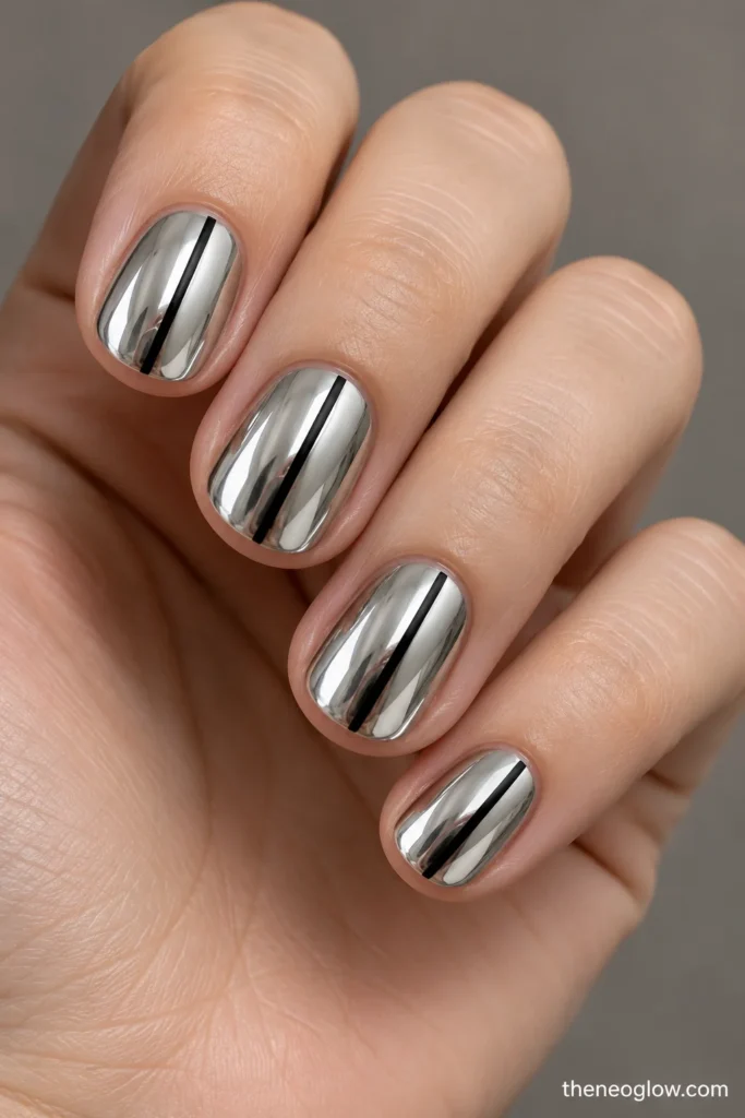 Short round silver-chrome nails with thin off-center black vertical seam lines.