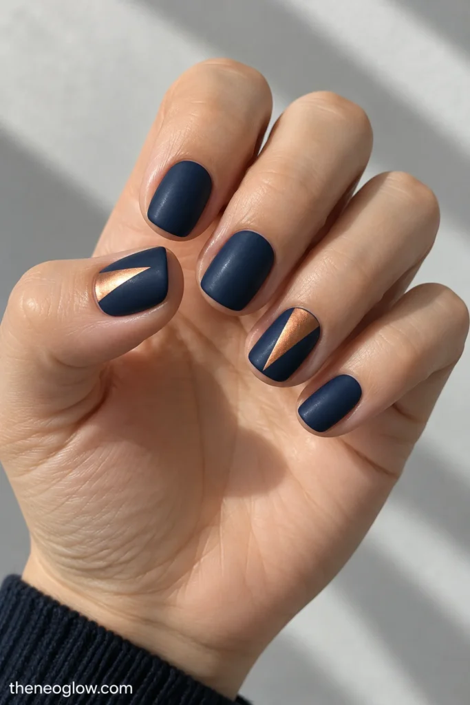 Dark navy satin squoval nails with copper triangles at the base of the thumb and ring finger.