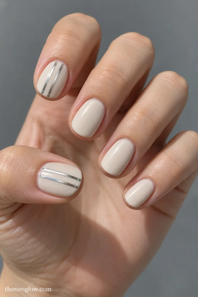 Short satin oyster-cream nails with two silver lengthwise rails on thumb and index accents.