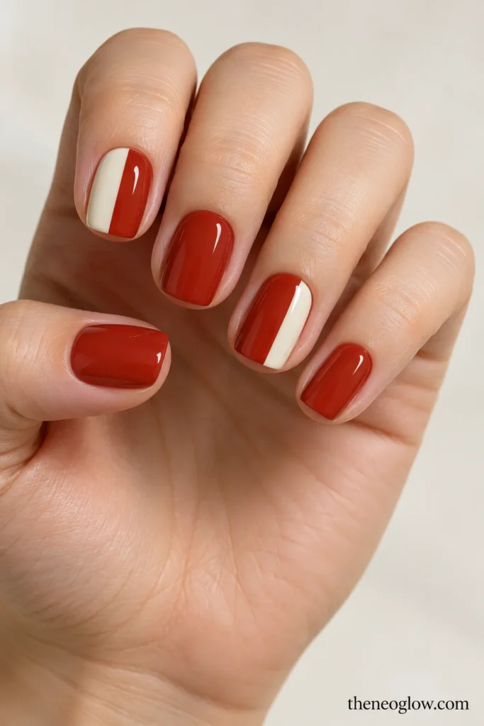 Short paprika-red square nails with broad ivory side panels on the index and ring fingers.