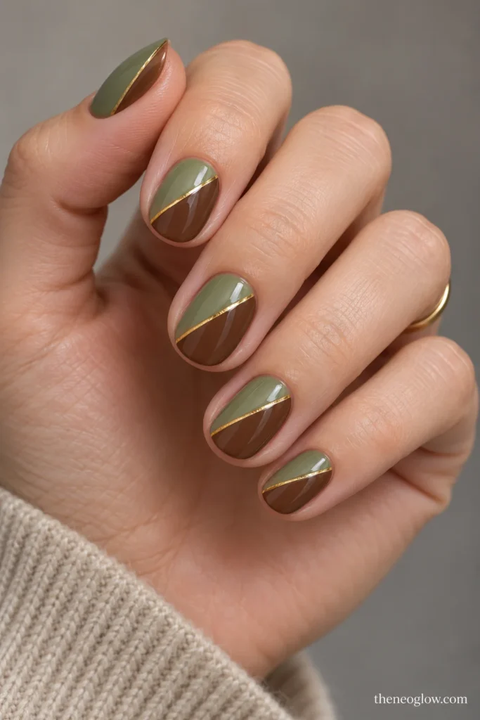 Short oval nails split diagonally into pear green and walnut brown with fine brass seams.