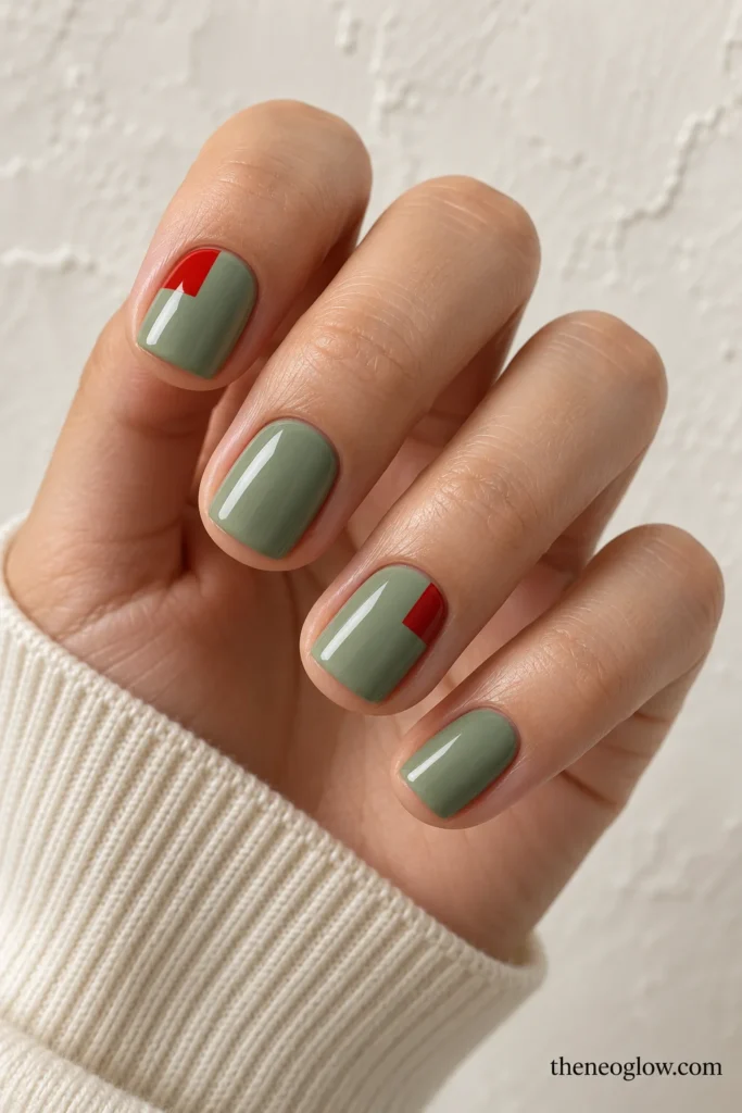 Sage-green short square nails with offset scarlet corner blocks on alternating fingers.