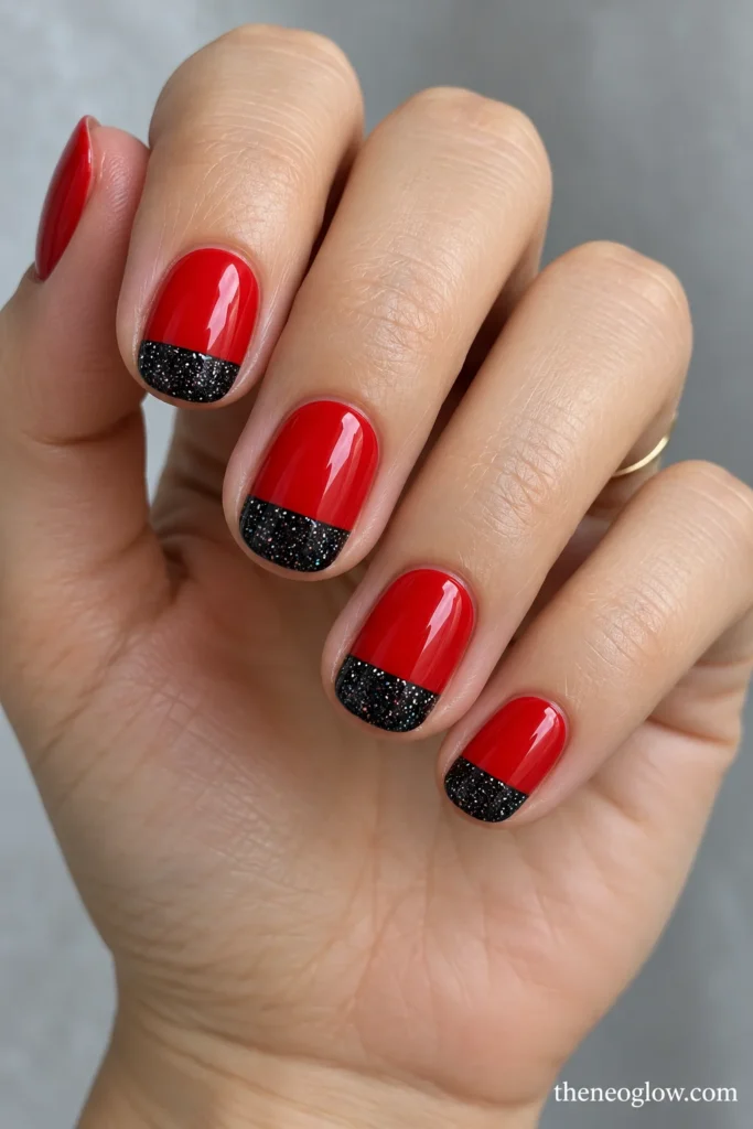 Short scarlet oval nails with crisp bands of fine black glitter across the outer quarter.