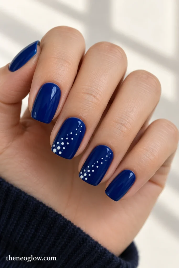 Ultramarine rounded-square nails with diagonal drifts of small pearl-white dots on two accents.