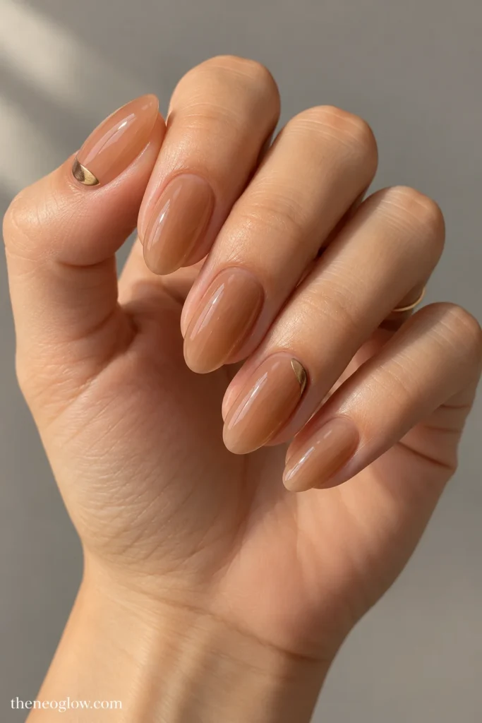 Medium almond honey-beige jelly nails with small bronze quarter moons near the cuticles.