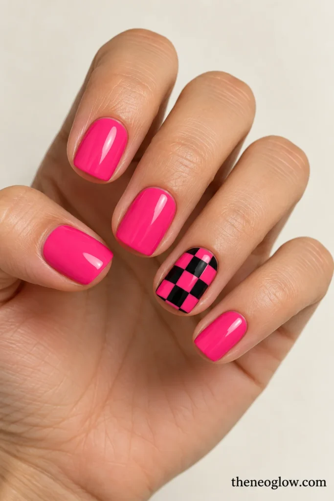 Opaque hot pink nails with one clean black-and-pink checker accent nail.