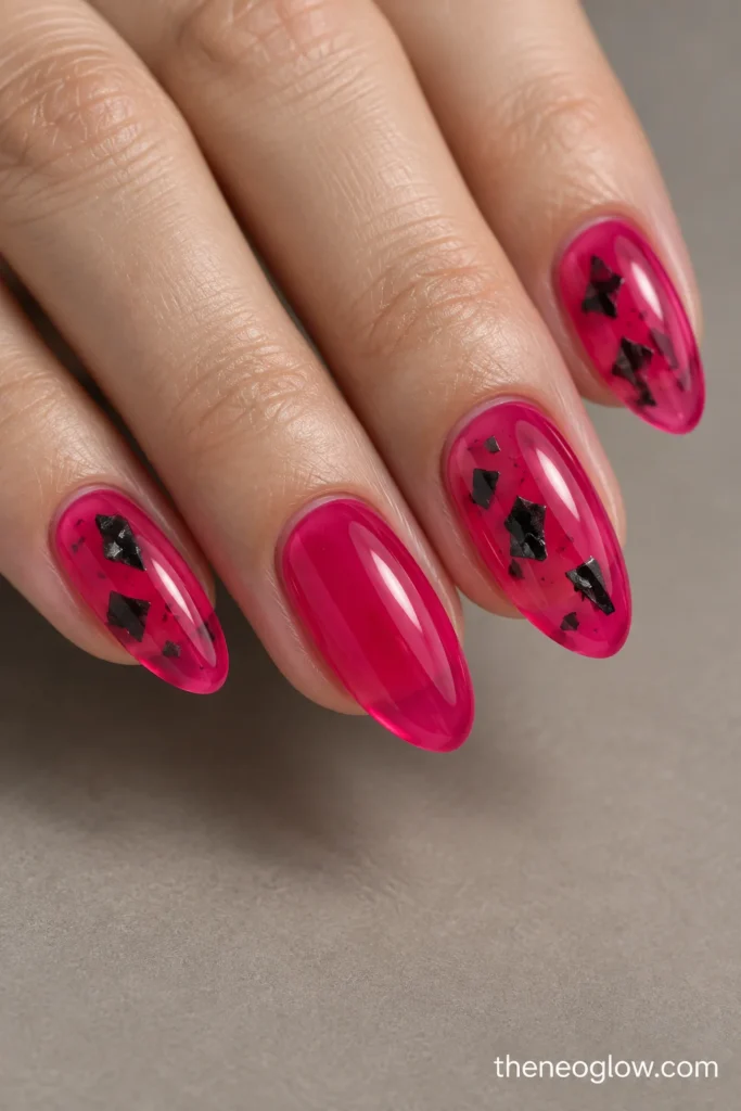 Hot pink jelly almond nails with spaced black shattered-foil fragments suspended inside.