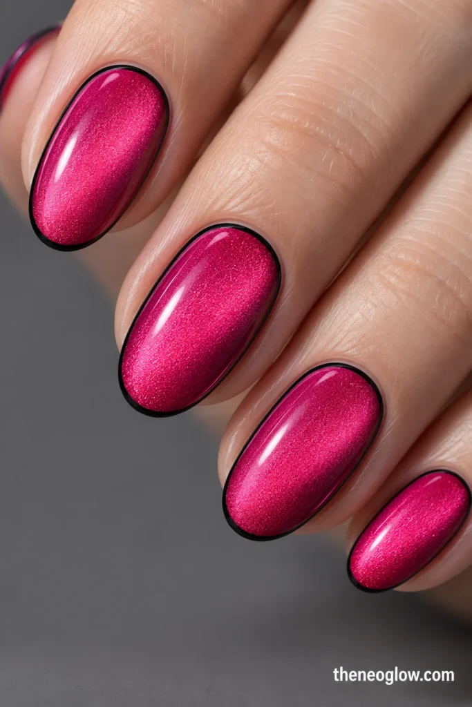 Medium oval hot pink magnetic velvet nails outlined with a hairline black frame.