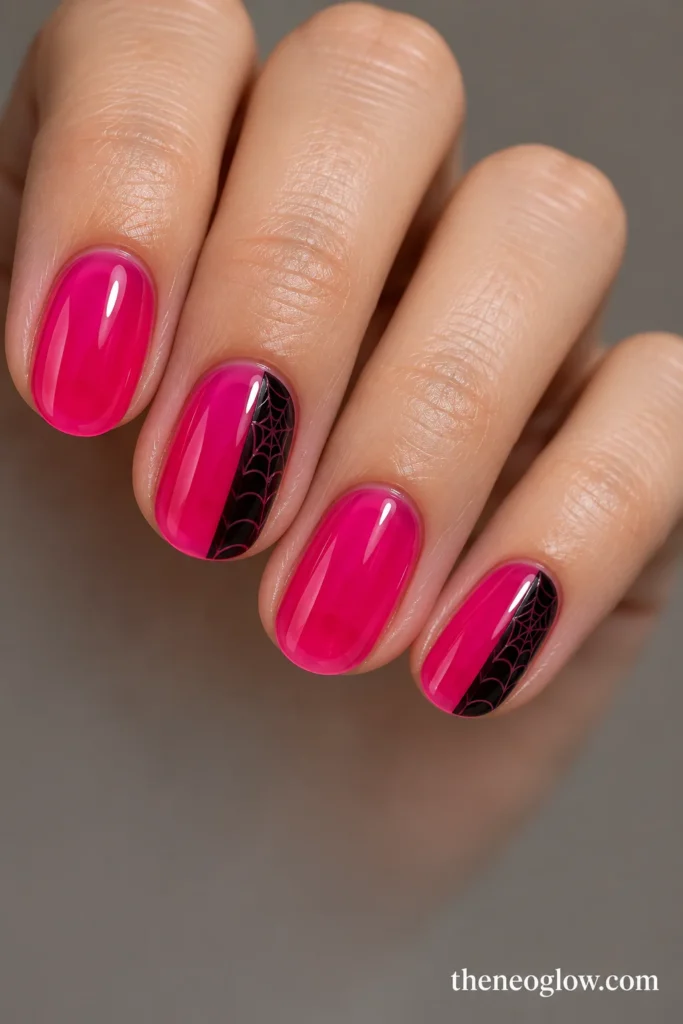 Hot pink jelly nails with a narrow black side panel containing fine spiderweb lines.