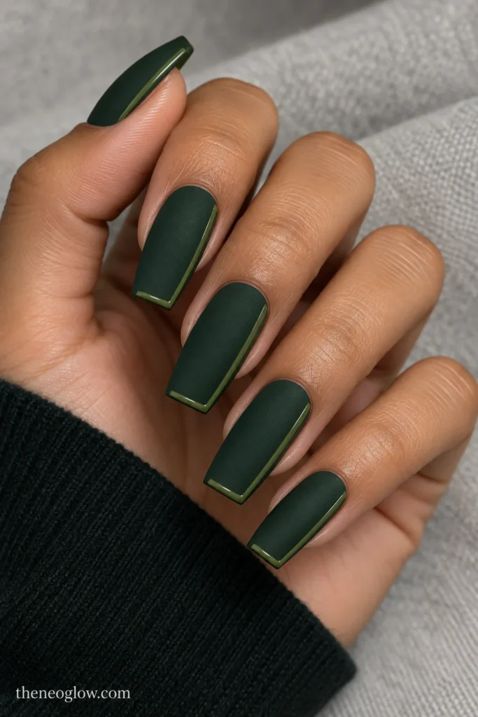 Medium coffin nails in matte hunter green with glossy moss-green L-shaped frames along the right edges.