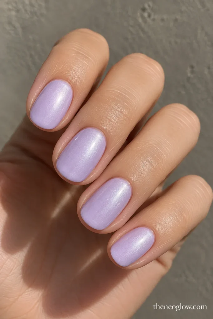 Short oval ice-lilac nails with a smooth cool silver-lavender pearl sheen.