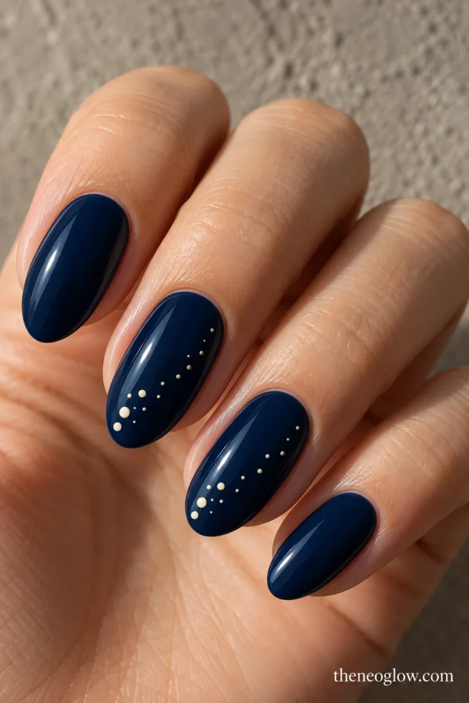 Deep ink-blue almond nails with irregular ivory falling-snow dot trails on two accents.