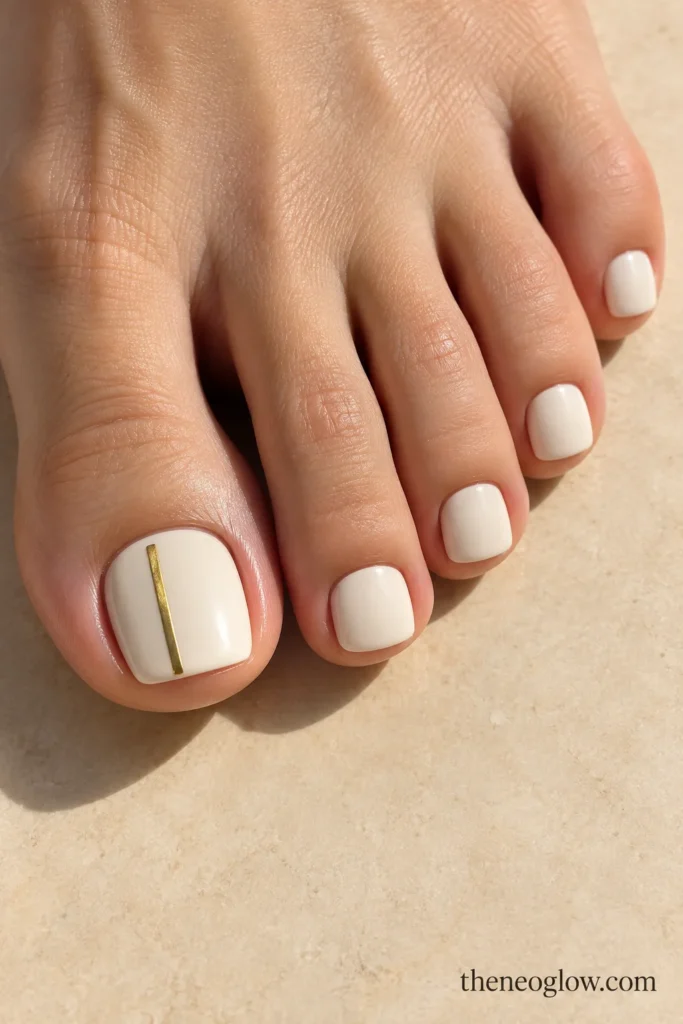 Warm ivory toes with a slim off-center vertical gold bar on the big toenail.