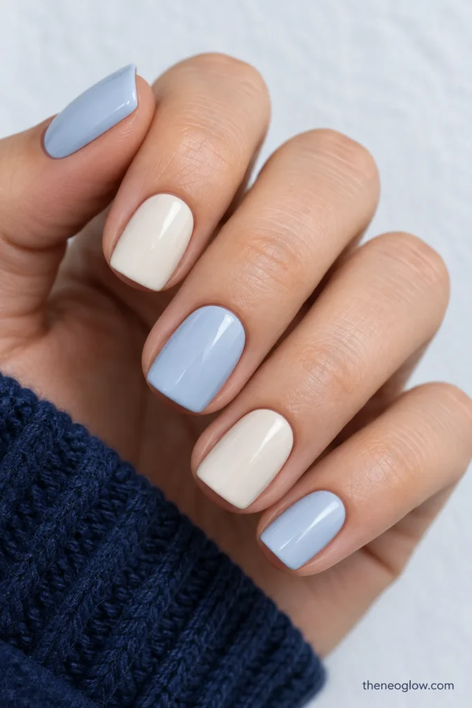 Short square nails alternating glossy opaque cool ivory and pale icy-blue cream.