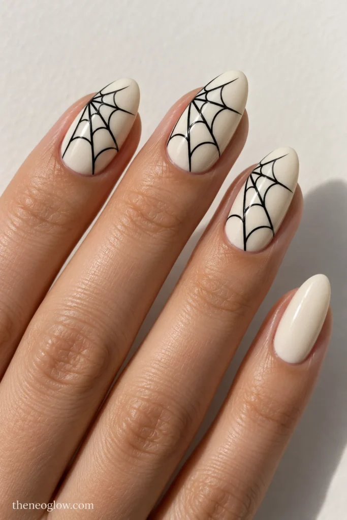Medium almond soft-ivory nails featuring oversized black off-axis spiderwebs sweeping across two accent nails.