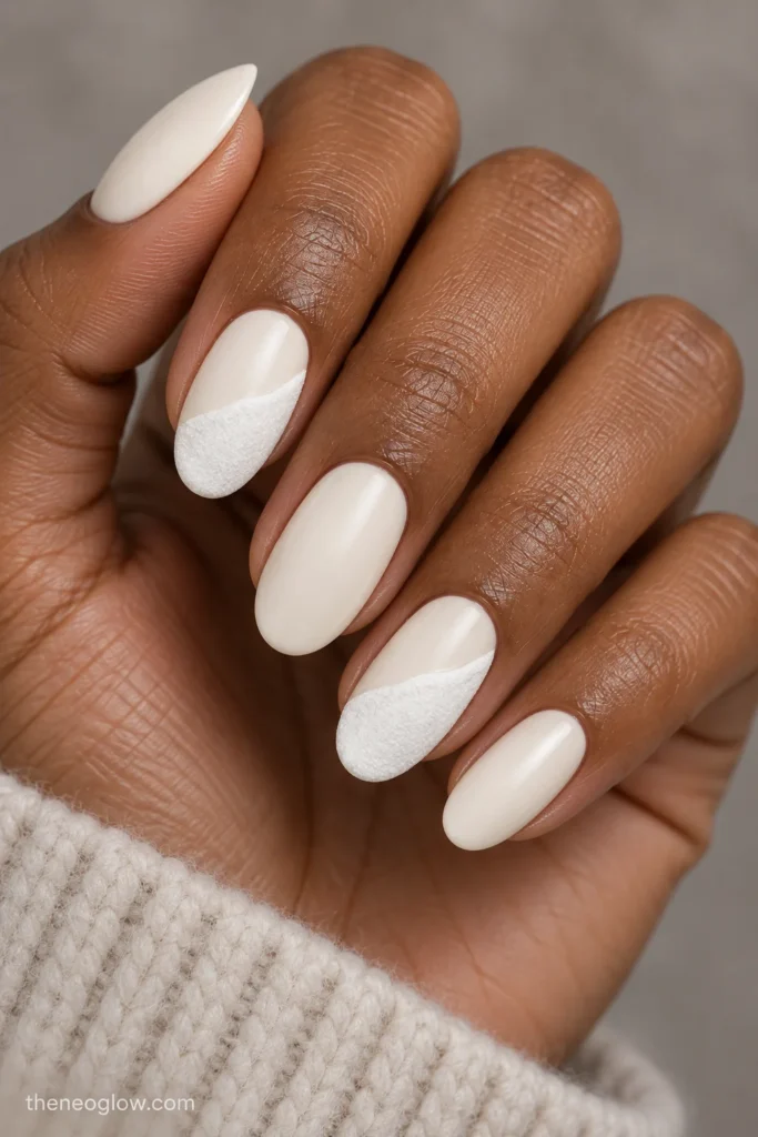 Medium satin-ivory oval nails with raised-looking snowy-white diagonal drifts on the index and ring fingers.
