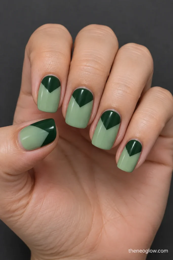Medium squoval nails with pale jade-green bases and broad dark-fir chevron French tips.