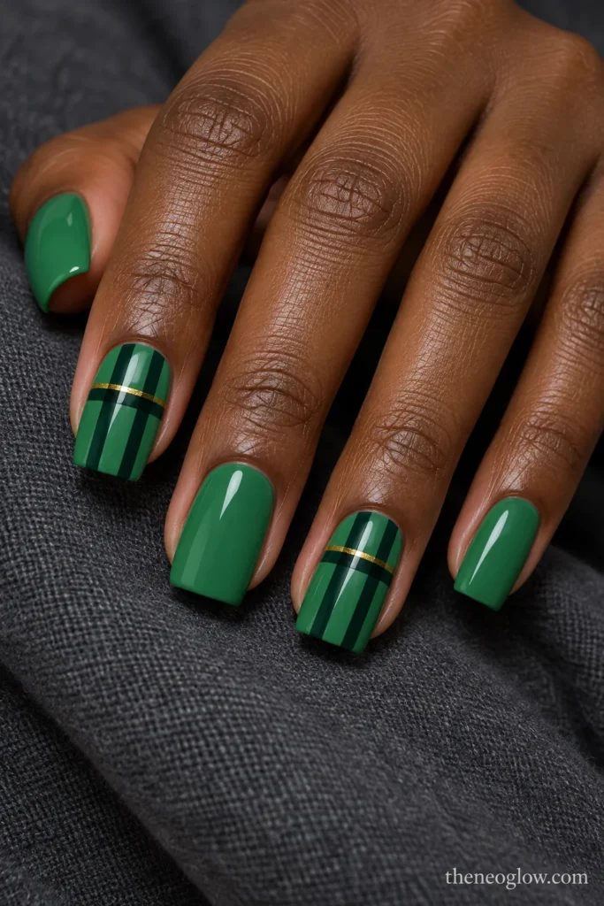 Medium jade-green square nails with broad forest-green plaid crossings and fine gold accents on index and ring fingers.