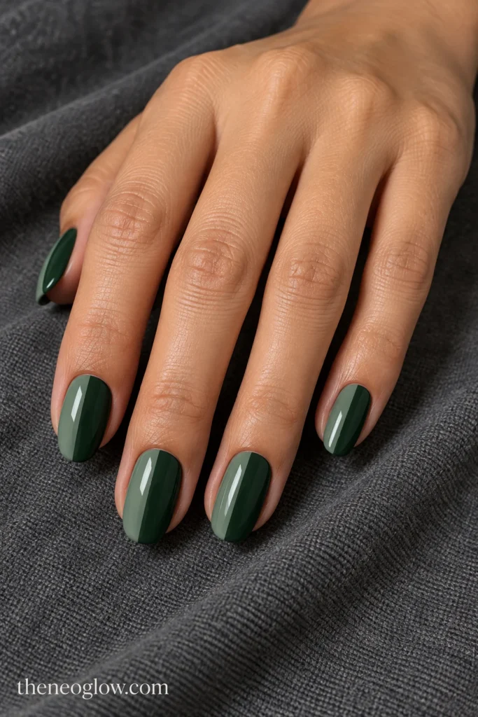 Medium square bottle-green jelly nails with translucent vertical green strips on the index and ring fingers.