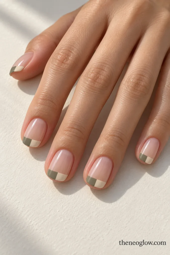 Short squoval nails with khaki and cream split French tips over a sheer pink base.