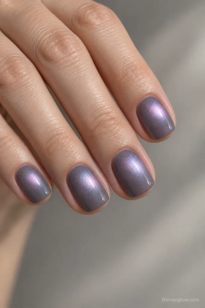 Short squoval gray-lilac nails with compact offset violet magnetic glows