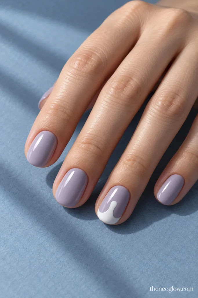 Glossy muted-lilac short oval nails with one white drip extending inward from the ring fingernail tip.
